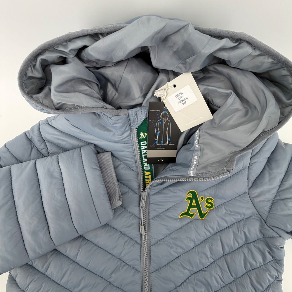 MLB Oakland Athletics Womens‎ S/P Gray Puffer Hooded Long Jacket NEW W TAGS A'S